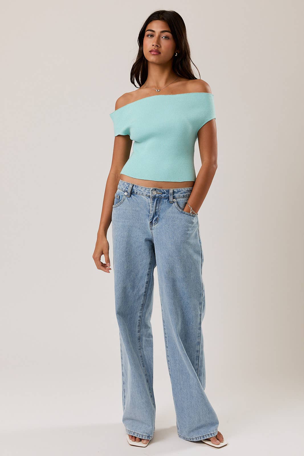 Ribbed Off the Shoulder - Aqua
