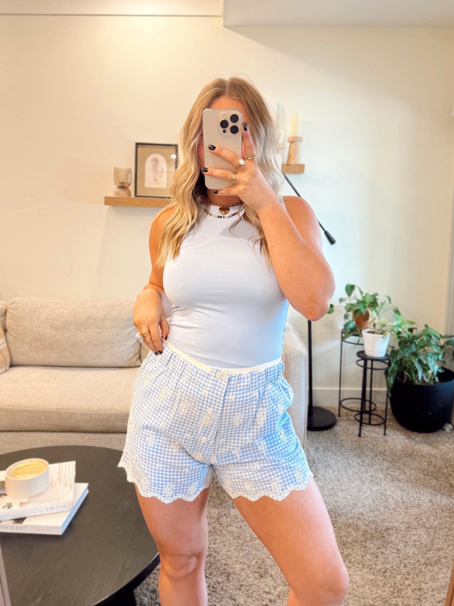Blue Gingham Embroidered Boxers