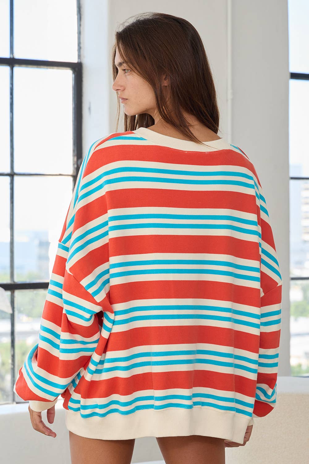 Striped Terry Oversized Sweatshirt - Blue/Red