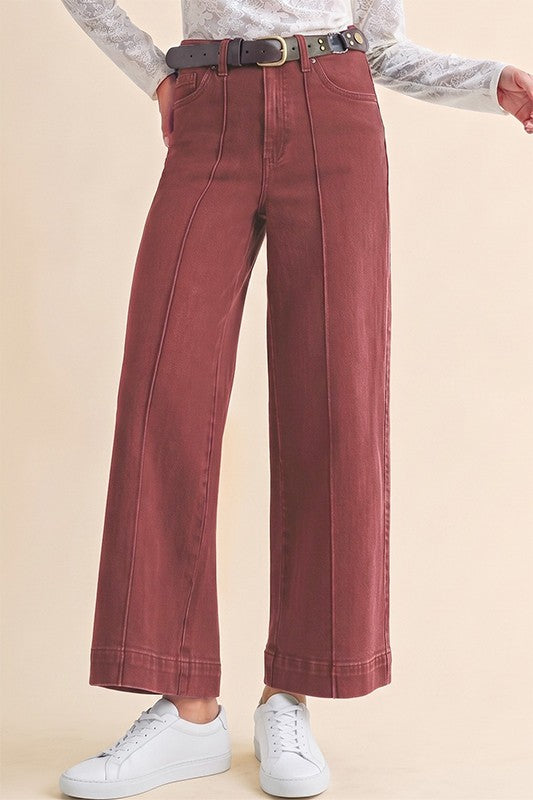 Wide-leg Pin Tuck Detail Denim - Merlot