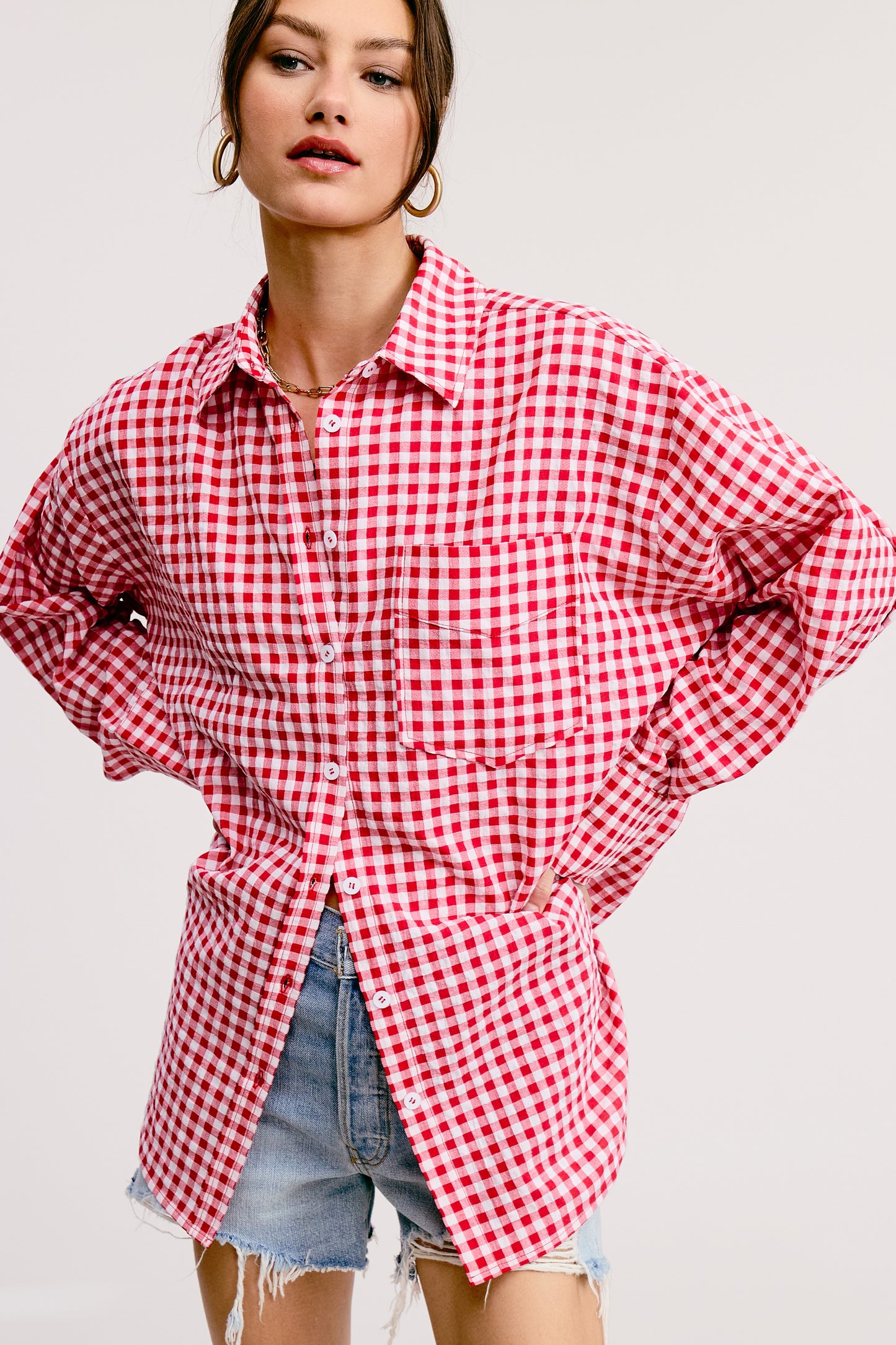 Noella Gingham Button Down Red