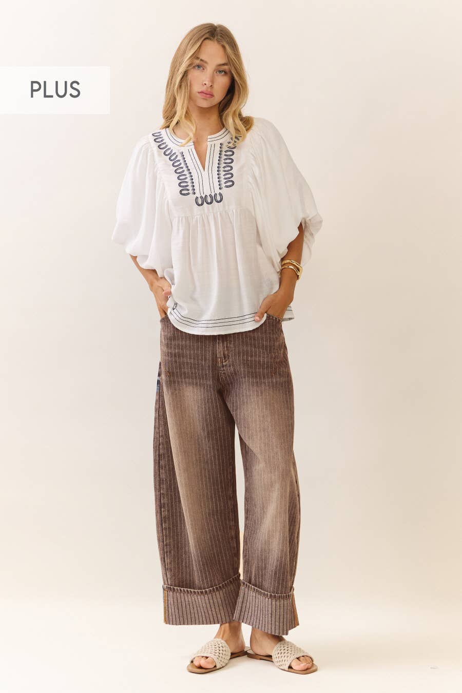Plus Natural Stripe Jeans - Brown