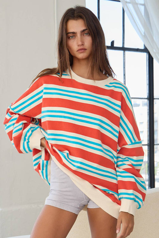 Striped Terry Oversized Sweatshirt - Blue/Red