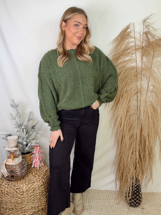 Slouchy Boucle Sweater Olive