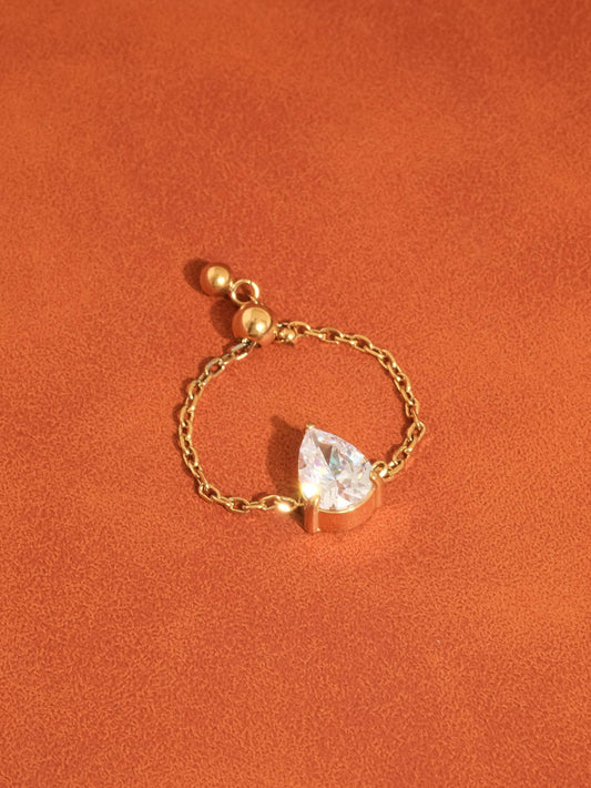 Alora 18K Gold Non-Tarnish Pear CZ Adjustable Chain Ring