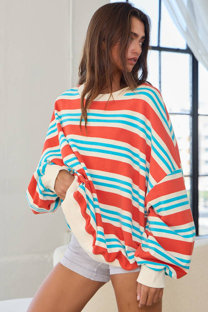 Striped Terry Oversized Sweatshirt - Blue/Red