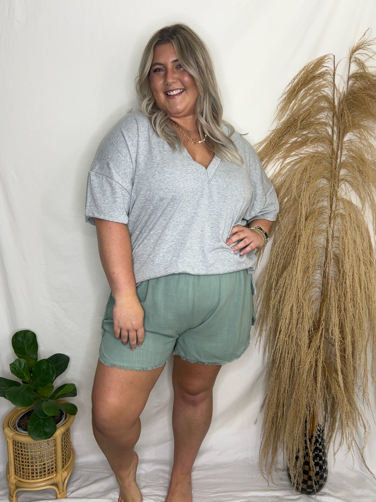 Sage Frayed Hem Shorts Plus