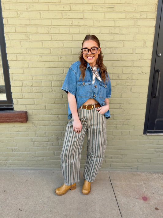 Matcha Stripe Barrel Jeans