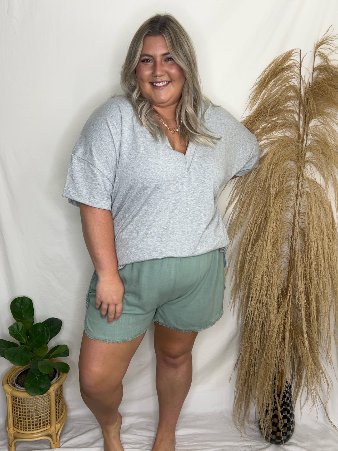 Sage Frayed Hem Shorts Plus