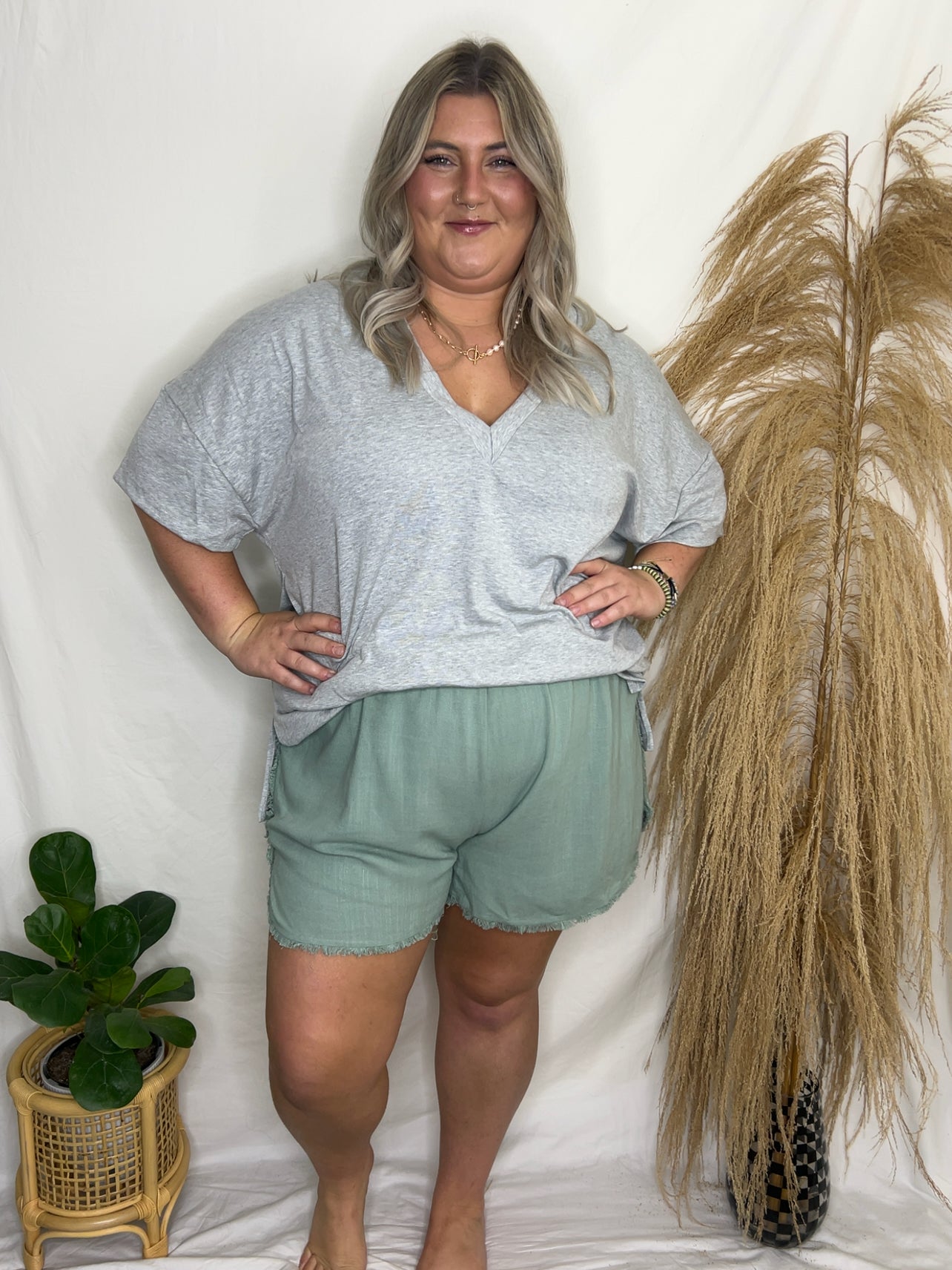 Sage Frayed Hem Shorts Plus