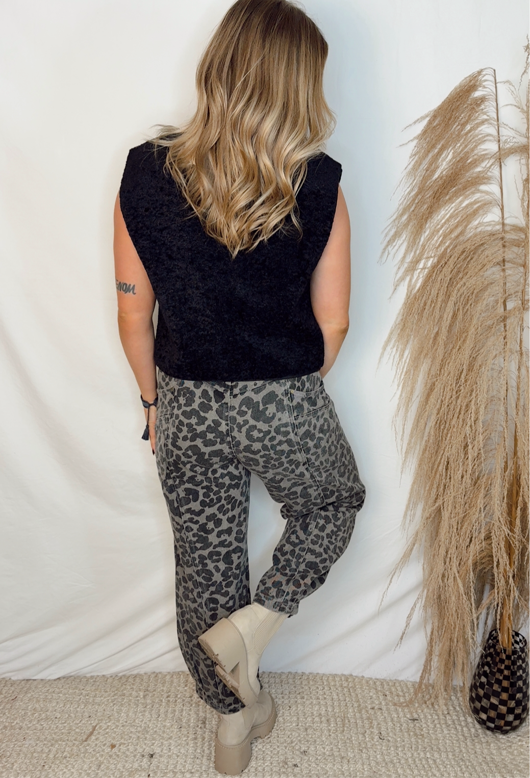 Leopard Wide Leg Jeans - Grey