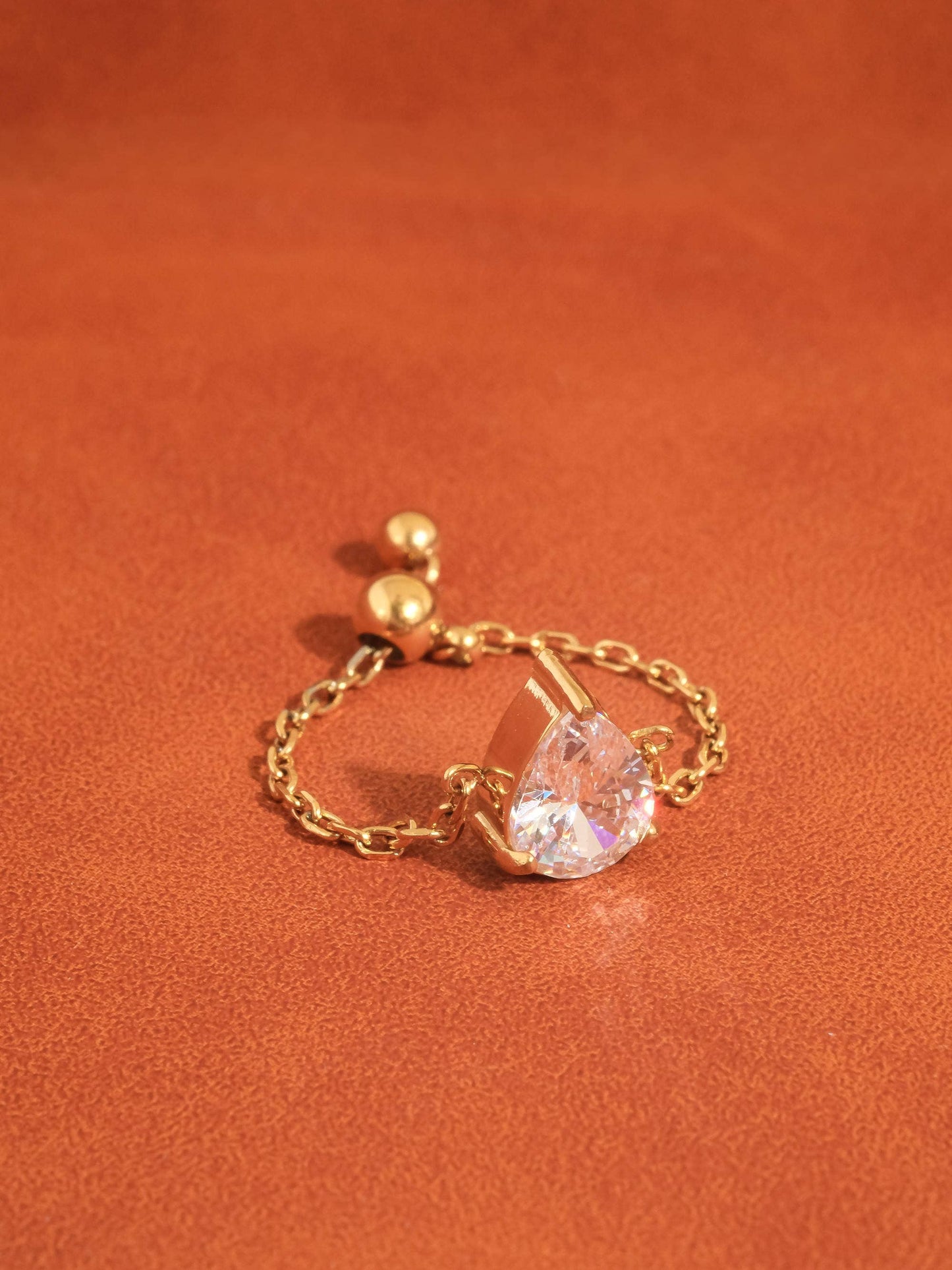 Alora 18K Gold Non-Tarnish Pear CZ Adjustable Chain Ring