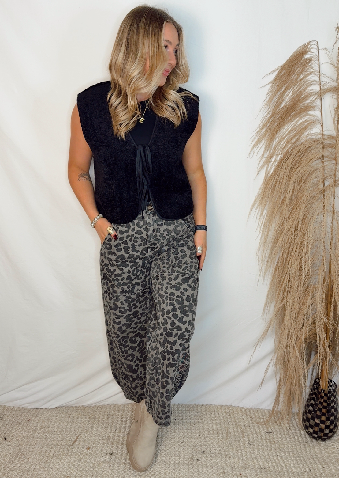 Leopard Wide Leg Jeans - Grey