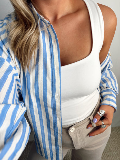 Oversized Button Down Off White/Blue