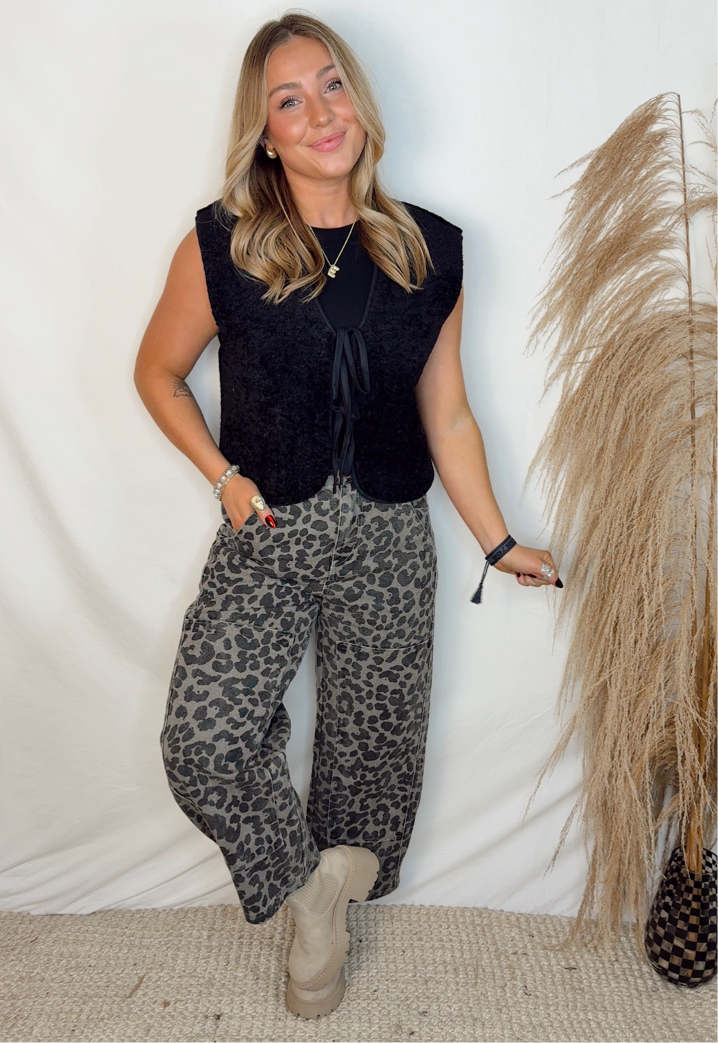 Leopard Wide Leg Jeans - Grey