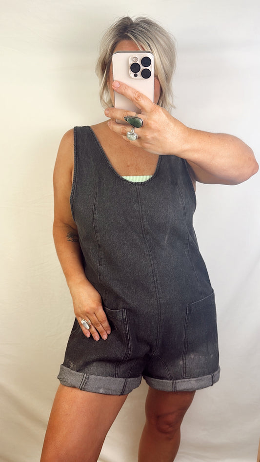 Vintage Washed Black Denim Shortalls