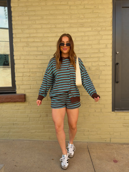 Varsity Stripe Cardigan - Teal
