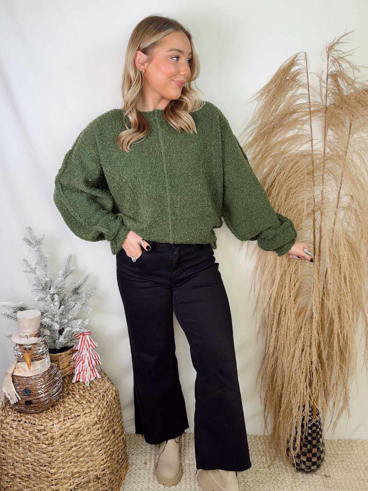 Slouchy Boucle Sweater Olive