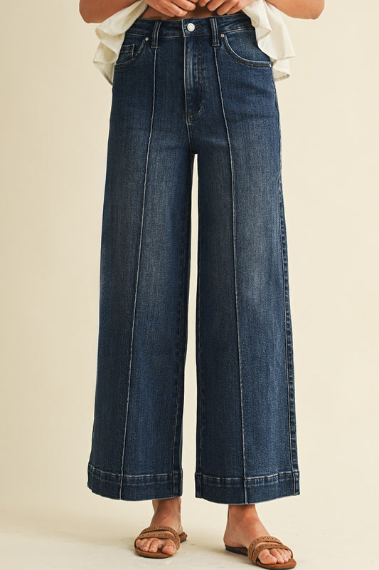 Wide-leg Pin Tuck Detail Denim - Dark Wash