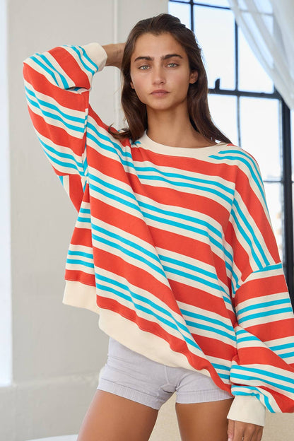 Striped Terry Oversized Sweatshirt - Blue/Red