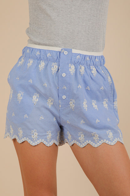 Blue Gingham Embroidered Boxers