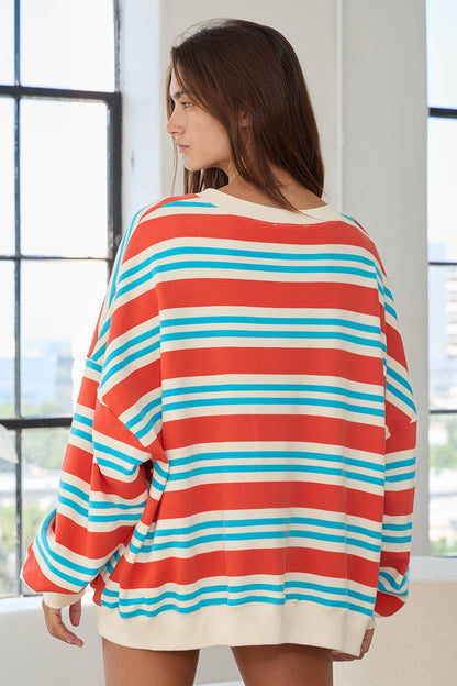 Striped Terry Oversized Sweatshirt - Blue/Red